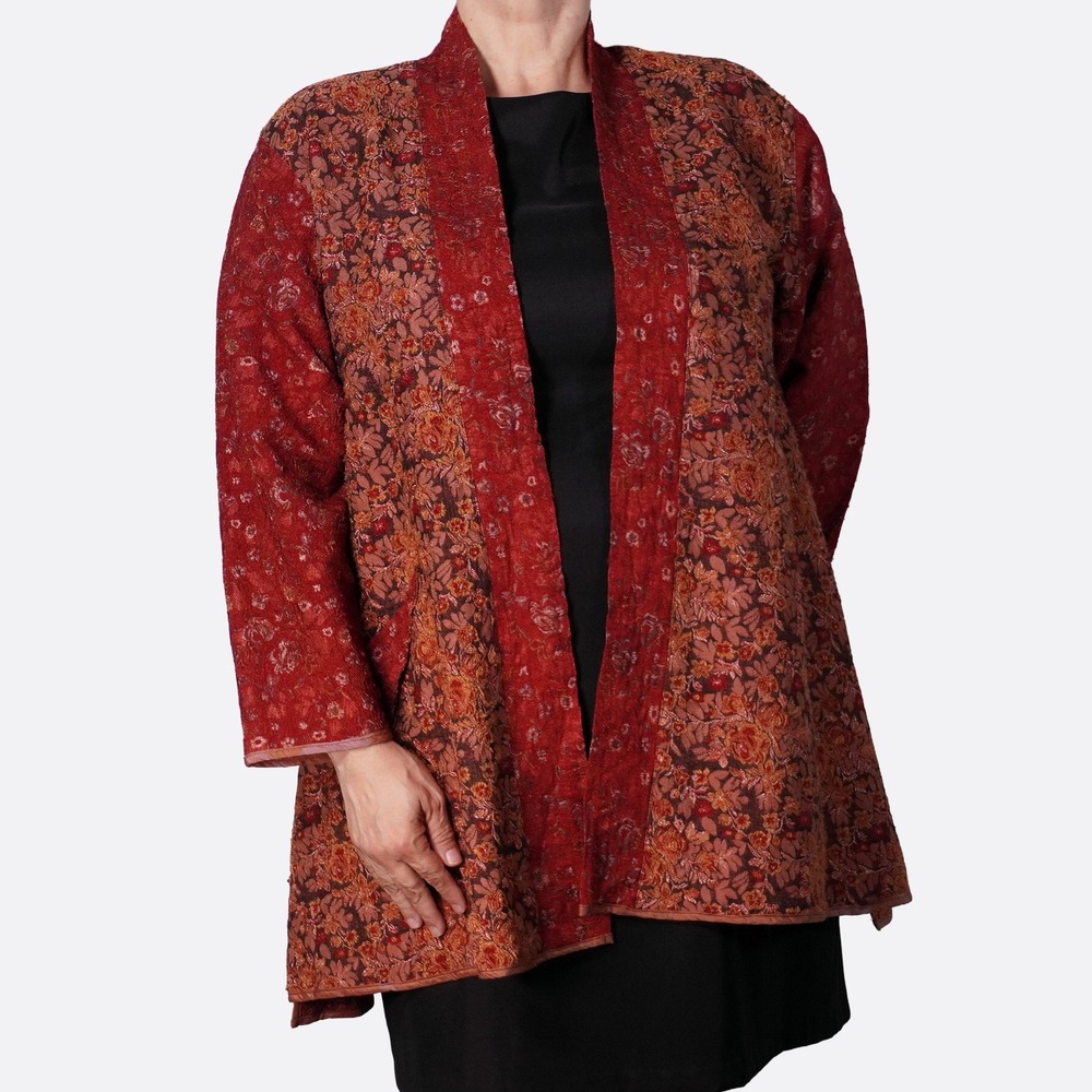 Unique Handmade Tapestry Kimono XL 1X Floral Red Open Front Jacket Boho Chic